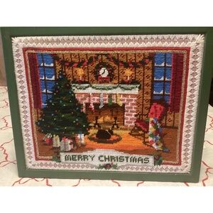 Vintage hand stitched cross stitch Christmas scene